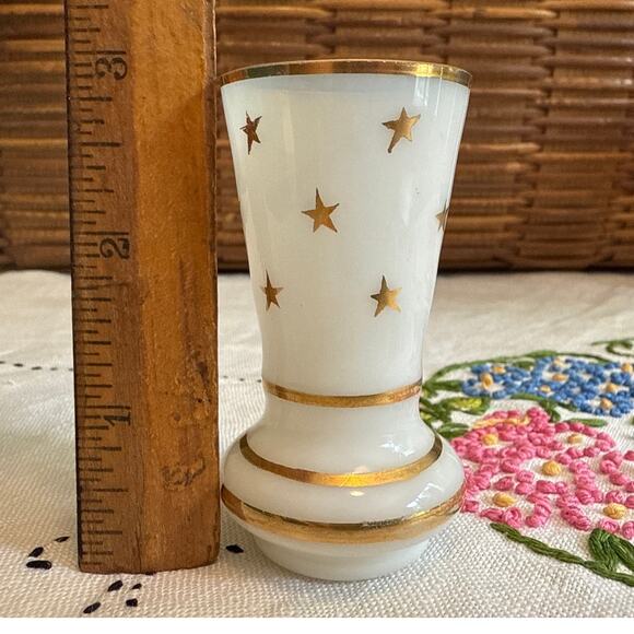 Portieux Vallerysthal Antique Mini Gold Gilt Star White Opaline French Bud Vase - Picture 1 of 8
